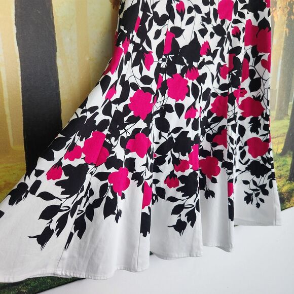 Nine West White Dress w/ Pink & Black Floral Fit and Flare w/ Boning Size 6 Zip - Picture 4 of 16